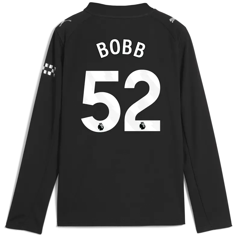 Kids' Manchester City Away Jersey 2025/26 Long Sleeve With BOBB 52 Printing
