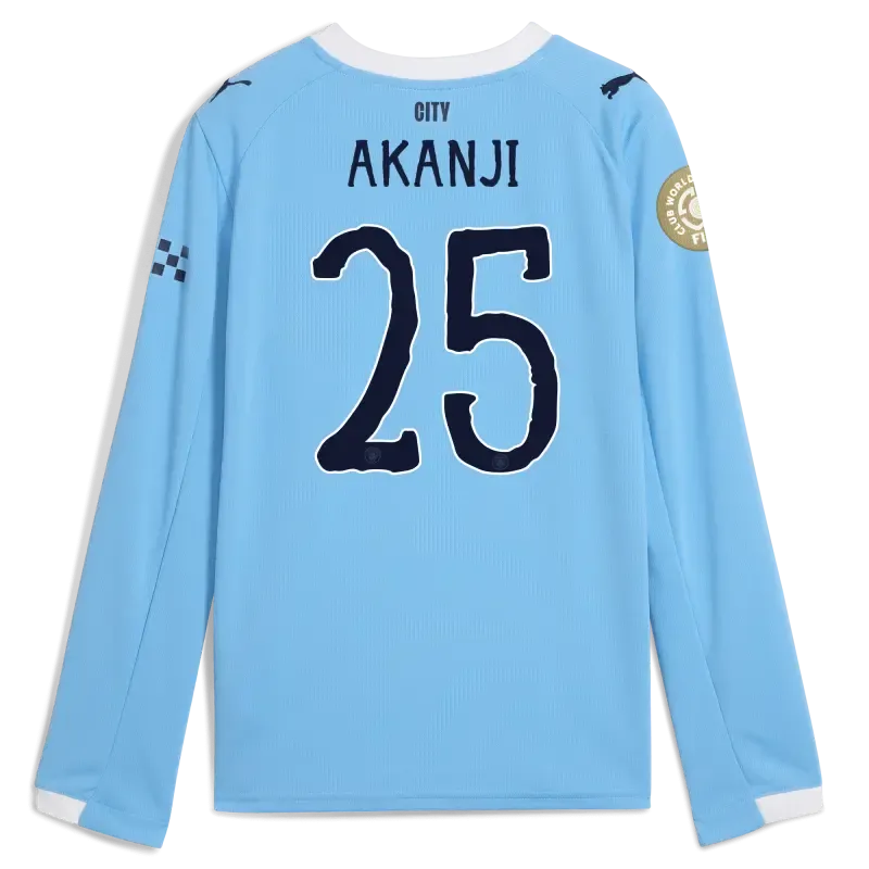 Kids' Manchester City KidSuper Club World Cup Home Jersey 2025/26 Long Sleeve With AKANJI 25 Printing