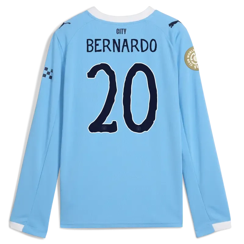 Kids' Manchester City KidSuper Club World Cup Home Jersey 2025/26 Long Sleeve With BERNARDO 20 Printing