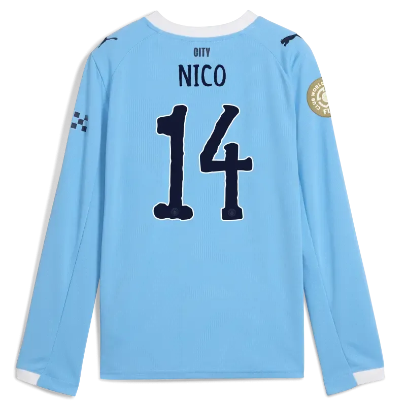 Kids' Manchester City KidSuper Club World Cup Home Jersey 2025/26 Long Sleeve With NICO 14 Printing