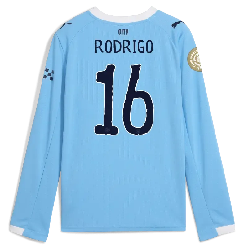 Kids' Manchester City KidSuper Club World Cup Home Jersey 2025/26 Long Sleeve With RODRIGO 16 Printing