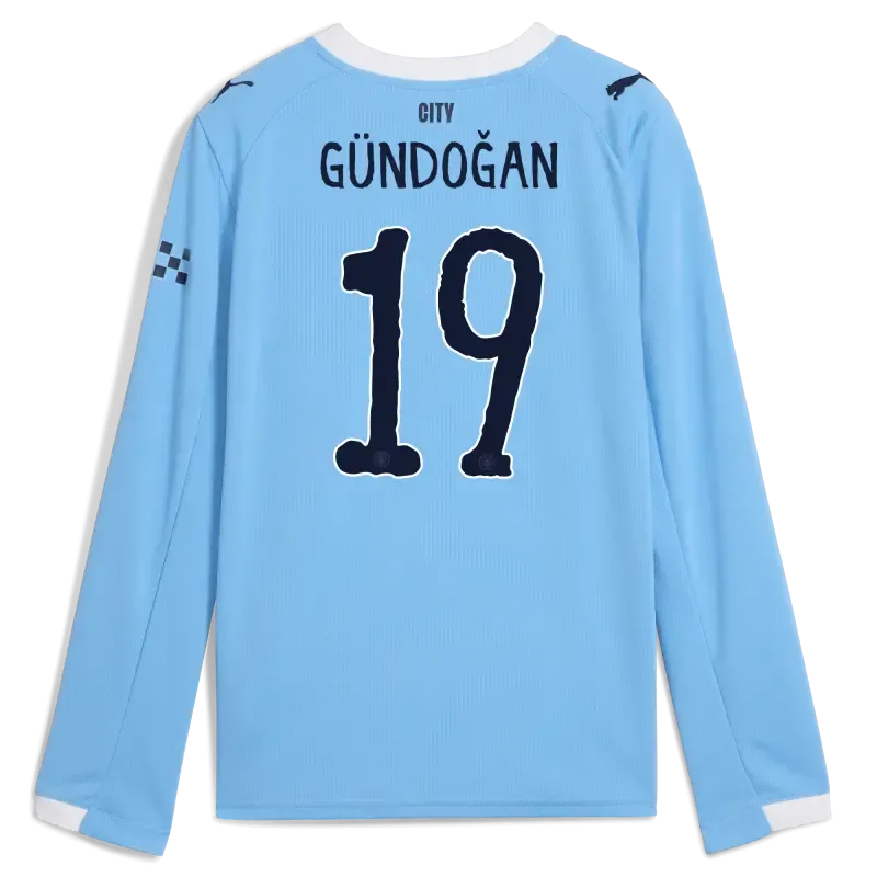 Kids' Manchester City KidSuper Home Jersey 2025/26 Long Sleeve With GÜNDOĞAN 19 Printing