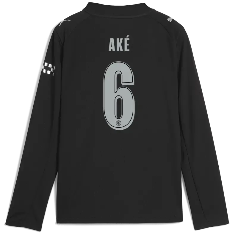 Kids' Manchester City Man City Away Jersey 2025/26 Long Sleeve With AKÉ 6 Printing