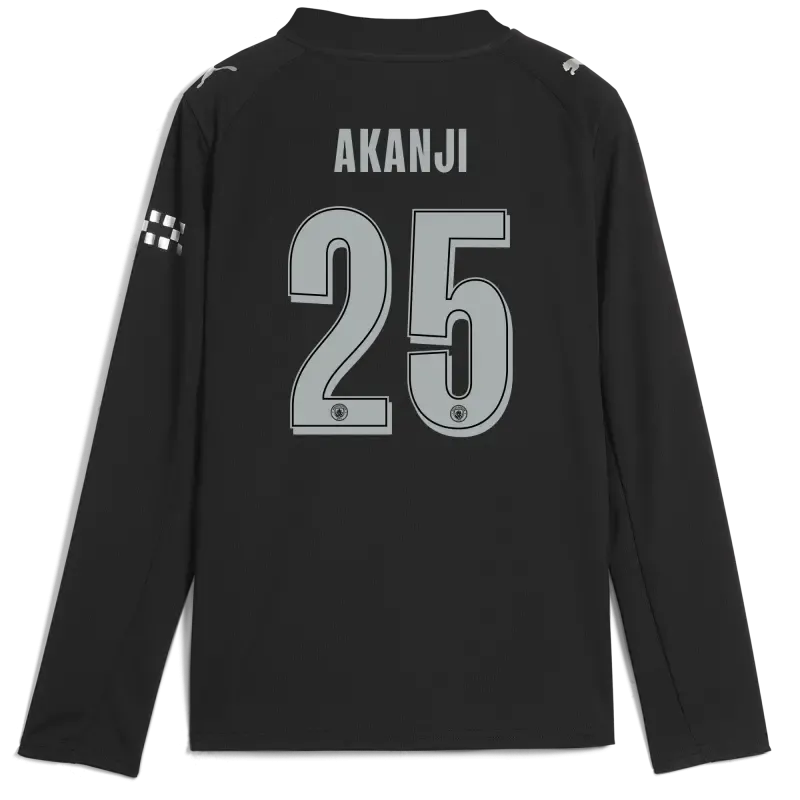 Kids' Manchester City Man City Away Jersey 2025/26 Long Sleeve With AKANJI 25 Printing