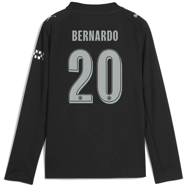 Kids' Manchester City Man City Away Jersey 2025/26 Long Sleeve With BERNARDO 20 Printing