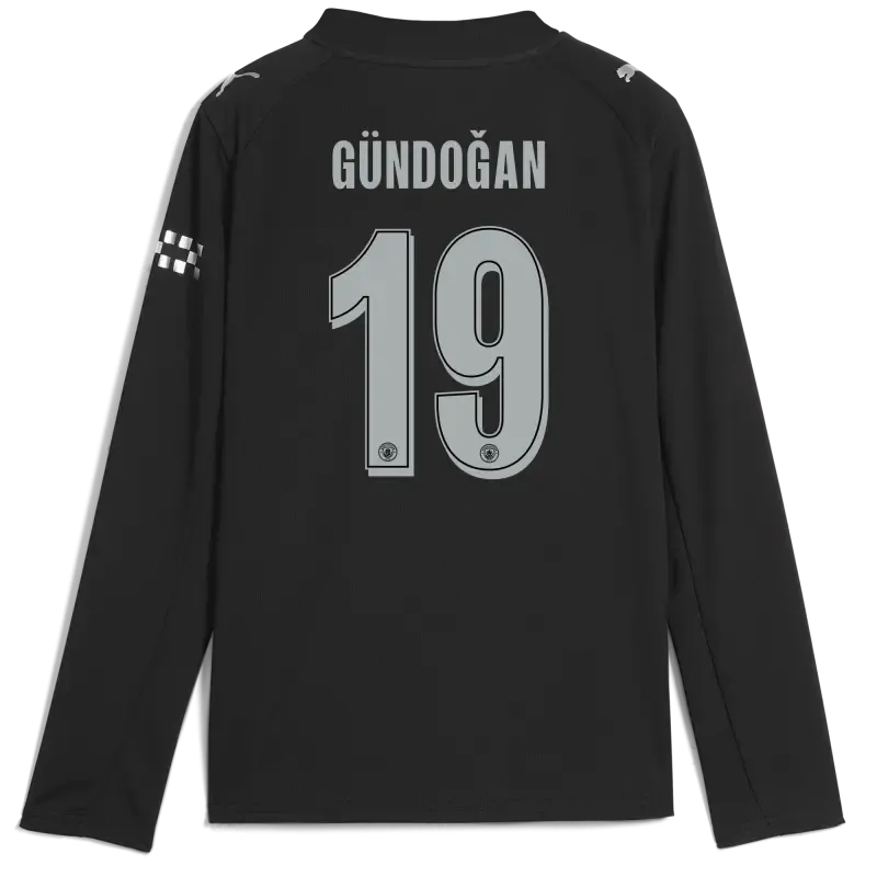 Kids' Manchester City Man City Away Jersey 2025/26 Long Sleeve With GÜNDOĞAN 19 Printing