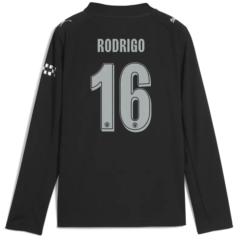 Kids' Manchester City Man City Away Jersey 2025/26 Long Sleeve With RODRIGO 16 Printing