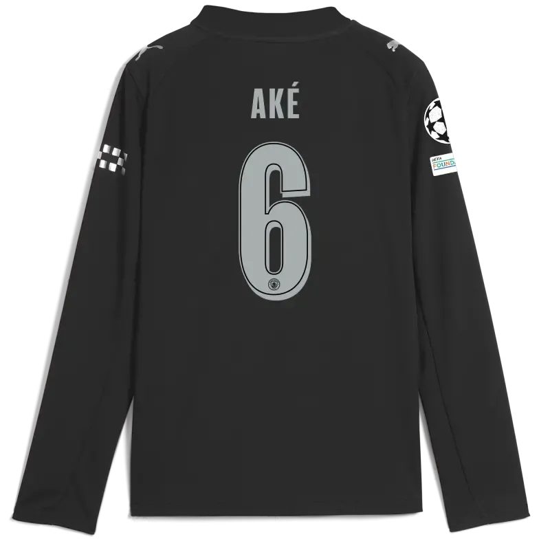 Kids' Manchester City Man City Champions League Away Jersey 2025/26 Long Sleeve With AKÉ 6 Printing