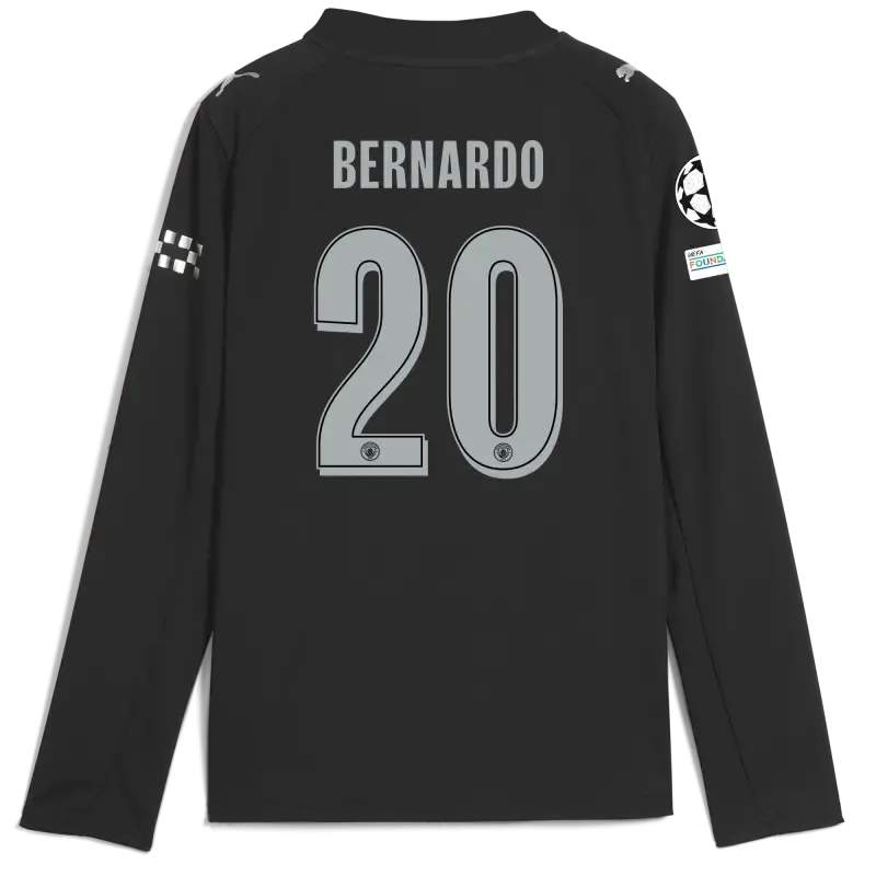 Kids' Manchester City Man City Champions League Away Jersey 2025/26 Long Sleeve With BERNARDO 20 Printing