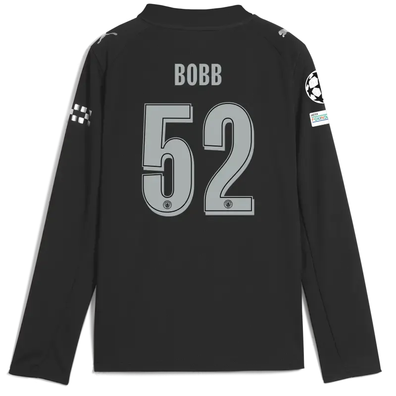 Kids' Manchester City Man City Champions League Away Jersey 2025/26 Long Sleeve With BOBB 52 Printing