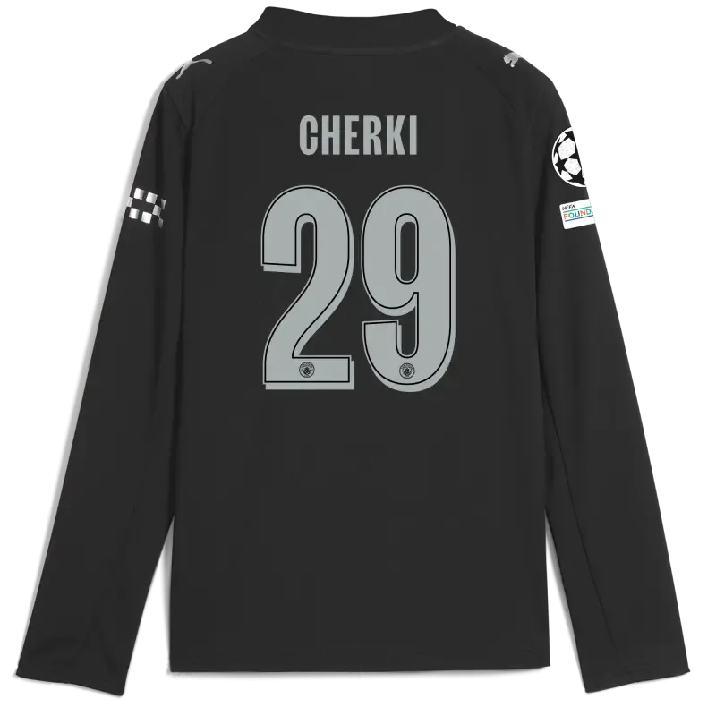 Kids' Manchester City Man City Champions League Away Jersey 2025/26 Long Sleeve With CHERKI 29 Printing