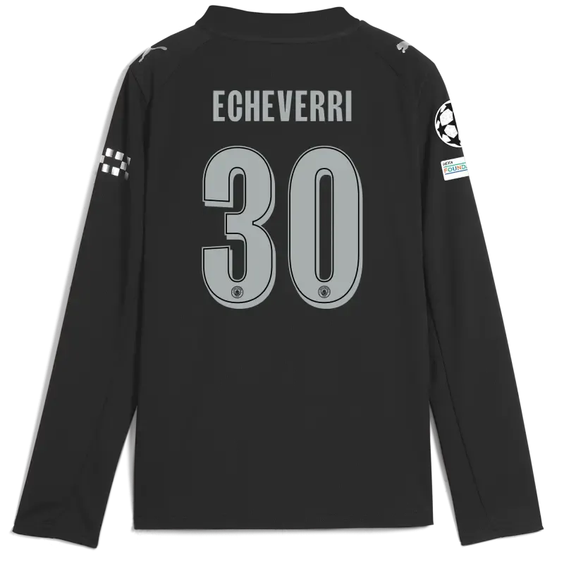 Kids' Manchester City Man City Champions League Away Jersey 2025/26 Long Sleeve With ECHEVERRI 30 Printing