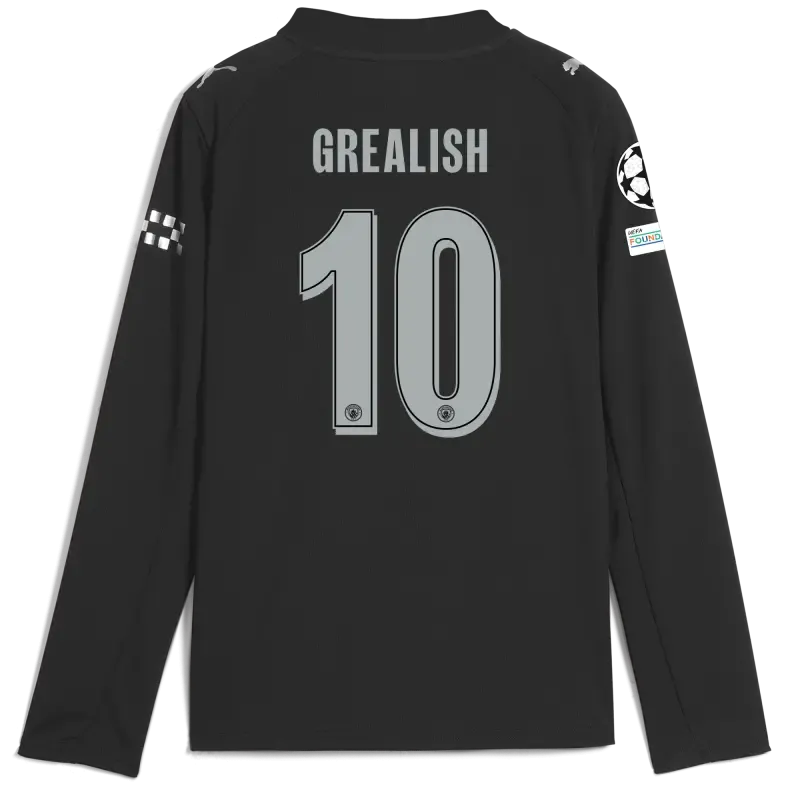 Kids' Manchester City Man City Champions League Away Jersey 2025/26 Long Sleeve With GREALISH 10 Printing