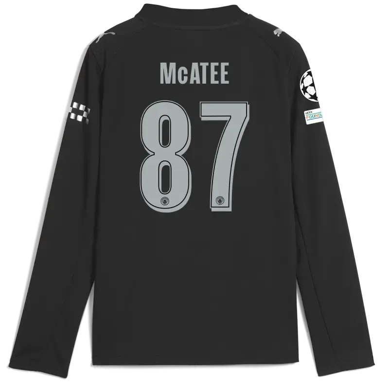 Kids' Manchester City Man City Champions League Away Jersey 2025/26 Long Sleeve With McATEE 87 Printing