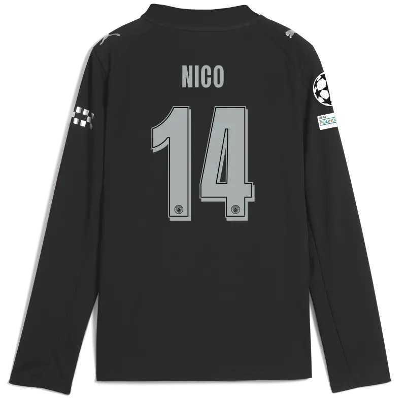 Kids' Manchester City Man City Champions League Away Jersey 2025/26 Long Sleeve With NICO 14 Printing
