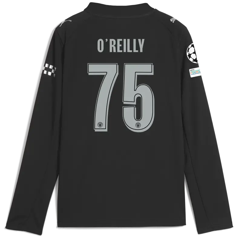 Kids' Manchester City Man City Champions League Away Jersey 2025/26 Long Sleeve With O'REILLY 75 Printing