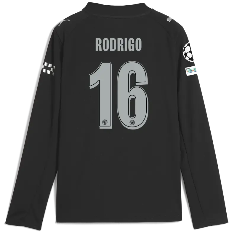 Kids' Manchester City Man City Champions League Away Jersey 2025/26 Long Sleeve With RODRIGO 16 Printing