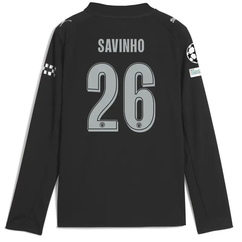 Kids' Manchester City Man City Champions League Away Jersey 2025/26 Long Sleeve With SAVINHO 26 Printing