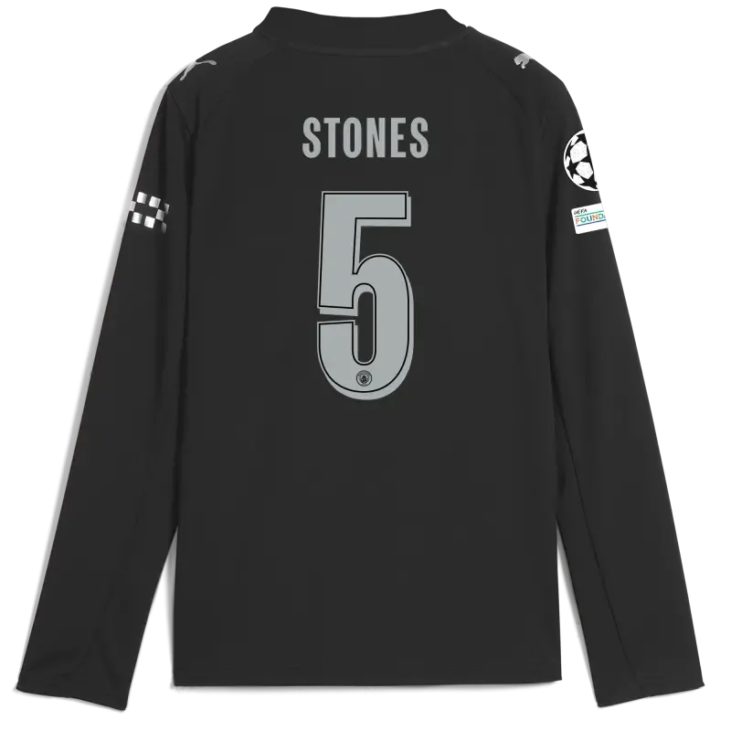 Kids' Manchester City Man City Champions League Away Jersey 2025/26 Long Sleeve With STONES 5 Printing