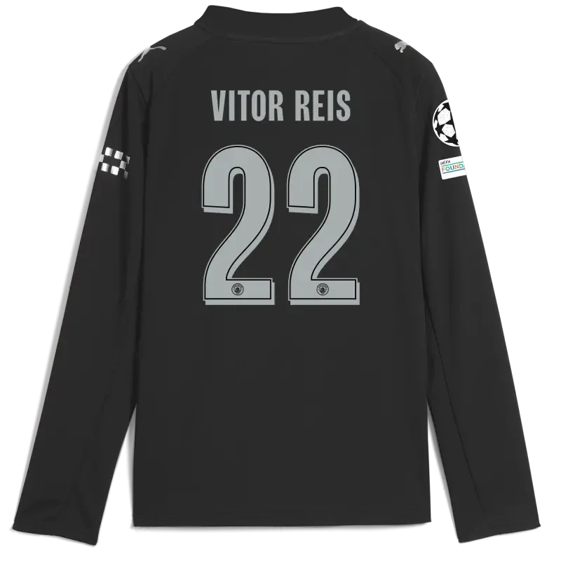 Kids' Manchester City Man City Champions League Away Jersey 2025/26 Long Sleeve With VITOR REIS 22 Printing