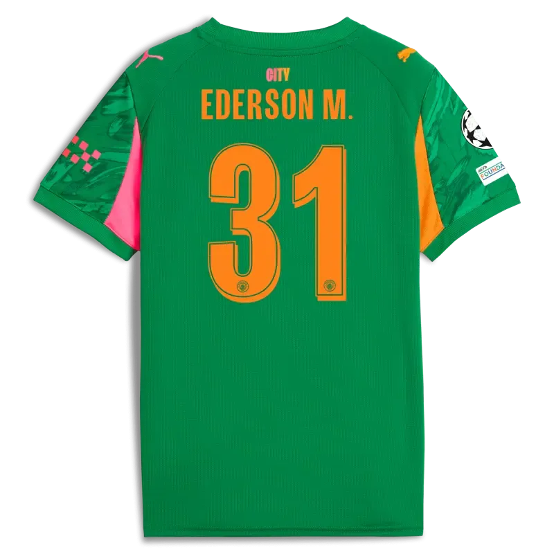 Kids' Manchester City Man City Champions League Goalkeeper Jersey Green 2025/26 With EDERSON M. 31 Printing