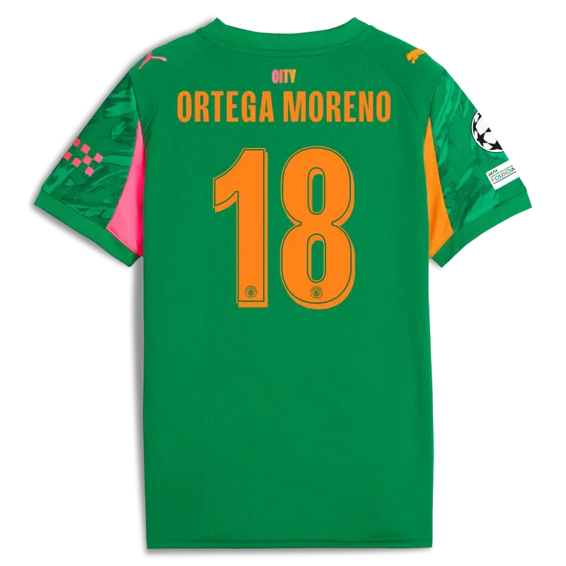 Kids' Manchester City Man City Champions League Goalkeeper Jersey Green 2025/26 With ORTEGA MORENO 18 Printing