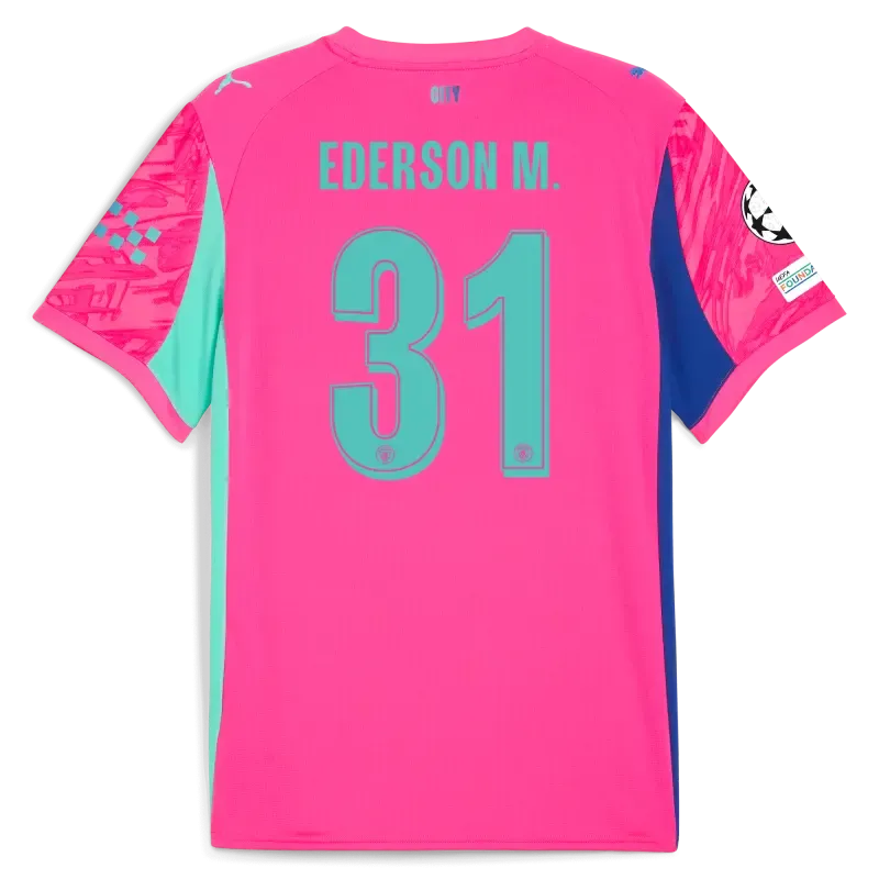 Kids' Manchester City Man City Champions League Goalkeeper Jersey Pink 2025/26 With EDERSON M. 31 Printing