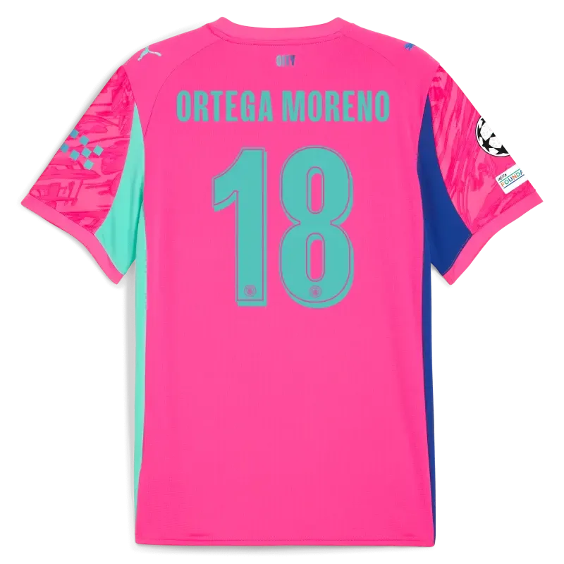 Kids' Manchester City Man City Champions League Goalkeeper Jersey Pink 2025/26 With ORTEGA MORENO 18 Printing