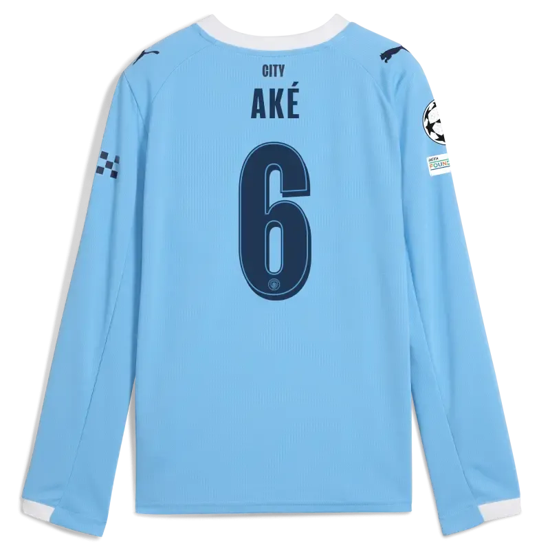 Kids' Manchester City Man City Champions League Home Jersey 2025/26 Long Sleeve With AKÉ 6 Printing