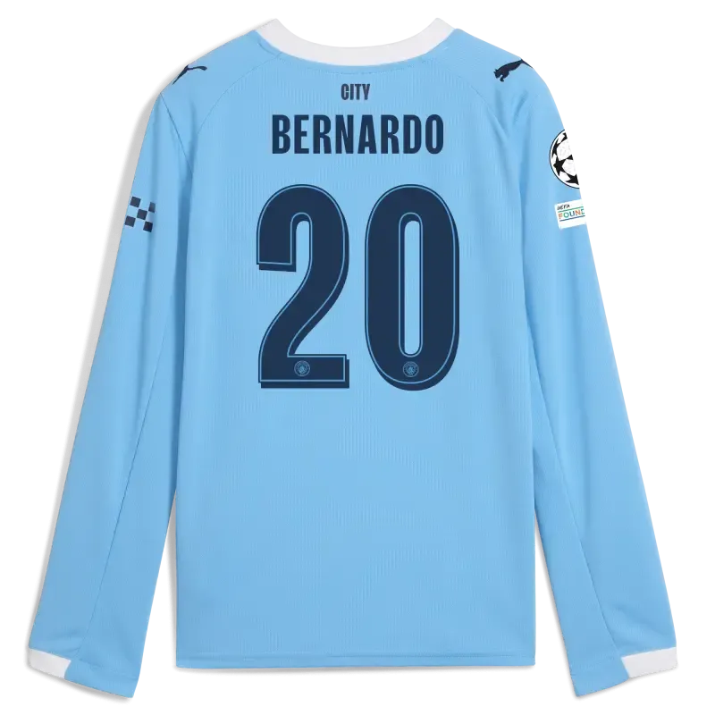 Kids' Manchester City Man City Champions League Home Jersey 2025/26 Long Sleeve With BERNARDO 20 Printing