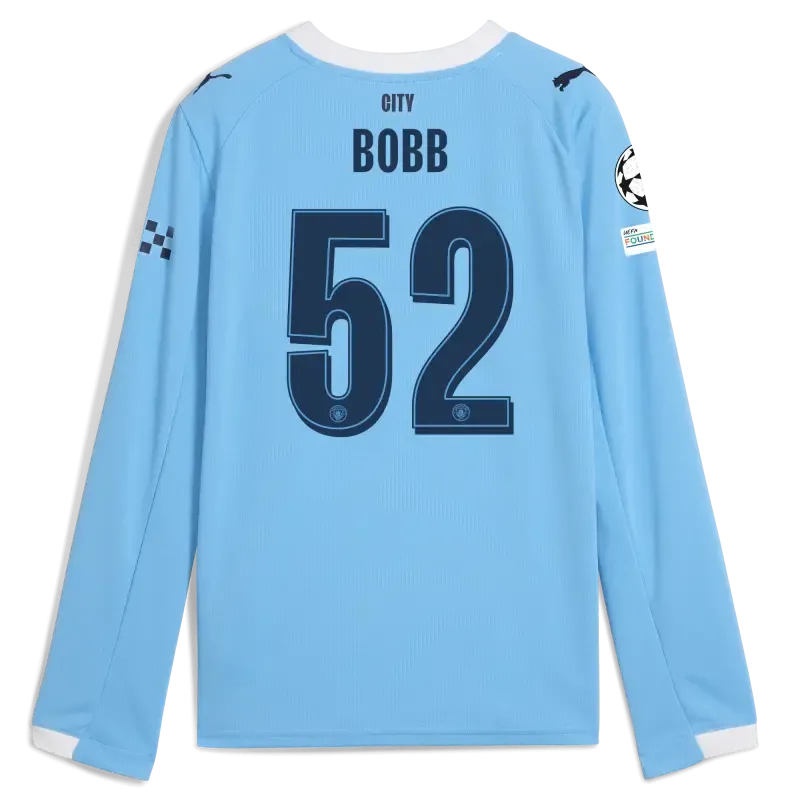 Kids' Manchester City Man City Champions League Home Jersey 2025/26 Long Sleeve With BOBB 52 Printing