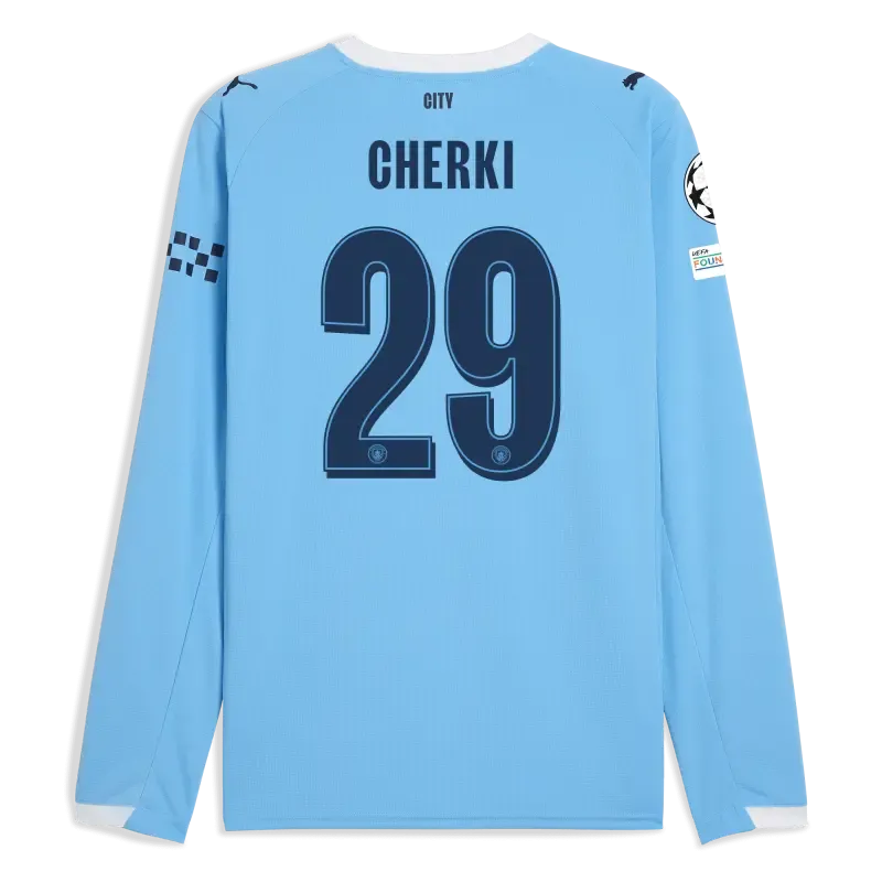 Kids' Manchester City Man City Champions League Home Jersey 2025/26 Long Sleeve With CHERKI 29 Printing