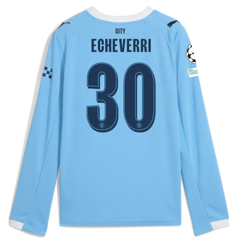 Kids' Manchester City Man City Champions League Home Jersey 2025/26 Long Sleeve With ECHEVERRI 30 Printing