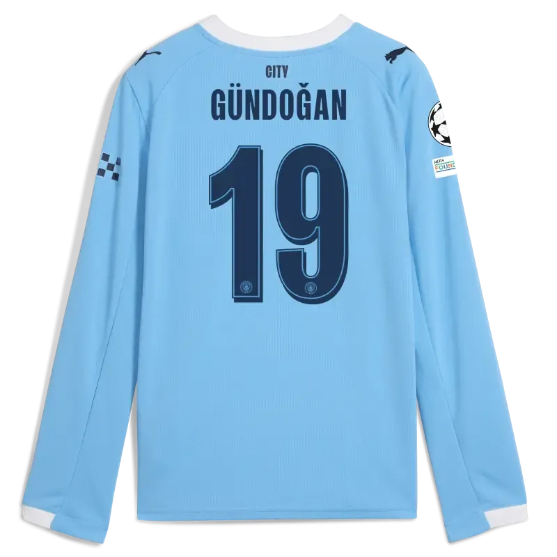 Kids' Manchester City Man City Champions League Home Jersey 2025/26 Long Sleeve With GÜNDOĞAN 19 Printing