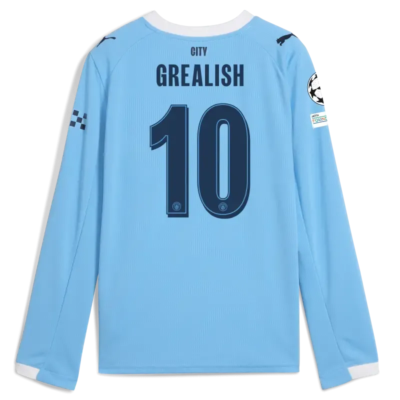 Kids' Manchester City Man City Champions League Home Jersey 2025/26 Long Sleeve With GREALISH 10 Printing