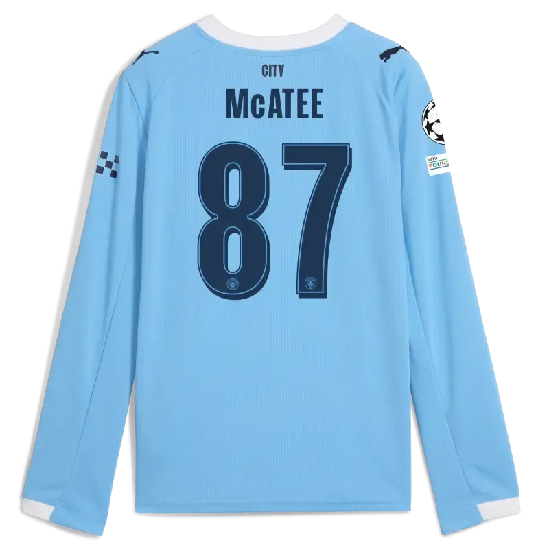 Kids' Manchester City Man City Champions League Home Jersey 2025/26 Long Sleeve With McATEE 87 Printing