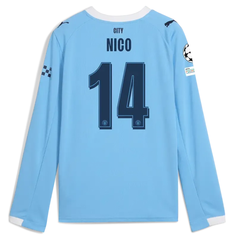 Kids' Manchester City Man City Champions League Home Jersey 2025/26 Long Sleeve With NICO 14 Printing