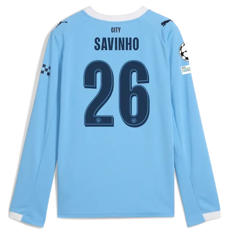 Kids' Manchester City Man City Champions League Home Jersey 2025/26 Long Sleeve With SAVINHO 26 Printing