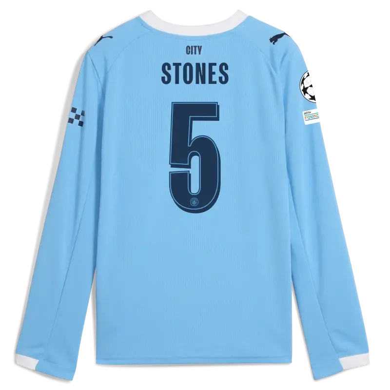 Kids' Manchester City Man City Champions League Home Jersey 2025/26 Long Sleeve With STONES 5 Printing