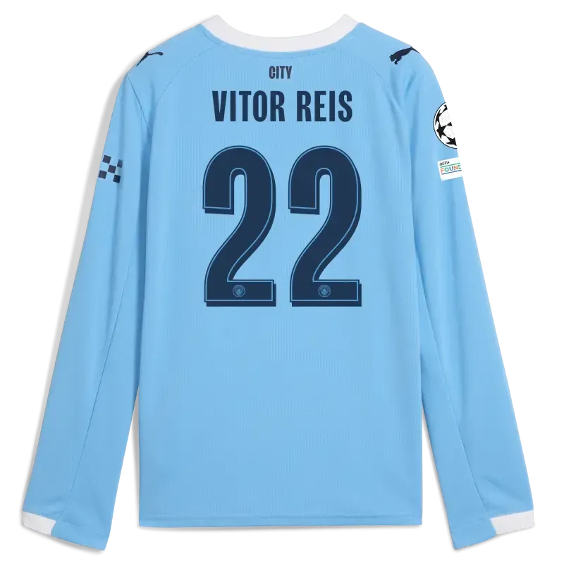 Kids' Manchester City Man City Champions League Home Jersey 2025/26 Long Sleeve With VITOR REIS 22 Printing