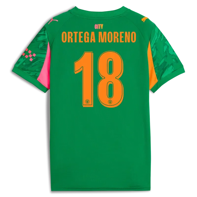 Kids' Manchester City Man City Goalkeeper Jersey Green 2025/26 With ORTEGA MORENO 18 Printing