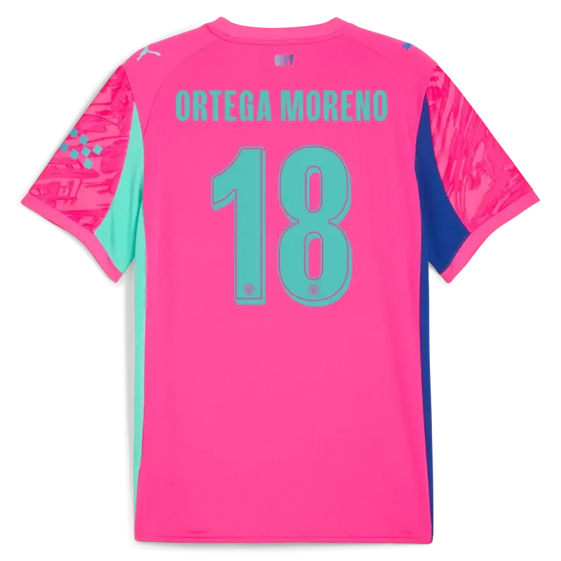 Kids' Manchester City Man City Goalkeeper Jersey Pink 2025/26 With ORTEGA MORENO 18 Printing