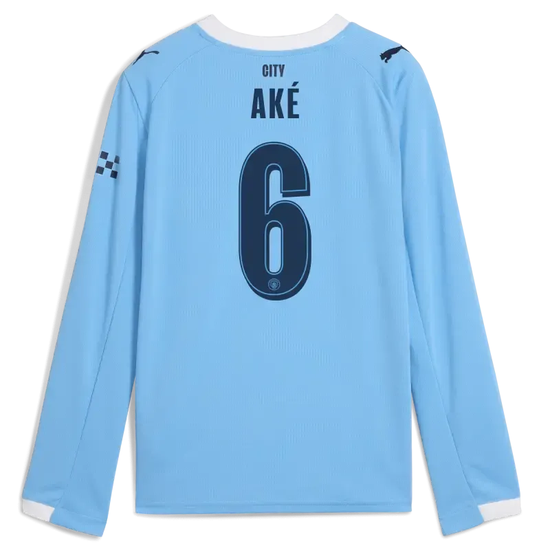 Kids' Manchester City Man City Home Jersey 2025/26 Long Sleeve With AKÉ 6 Printing