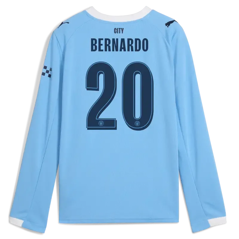 Kids' Manchester City Man City Home Jersey 2025/26 Long Sleeve With BERNARDO 20 Printing