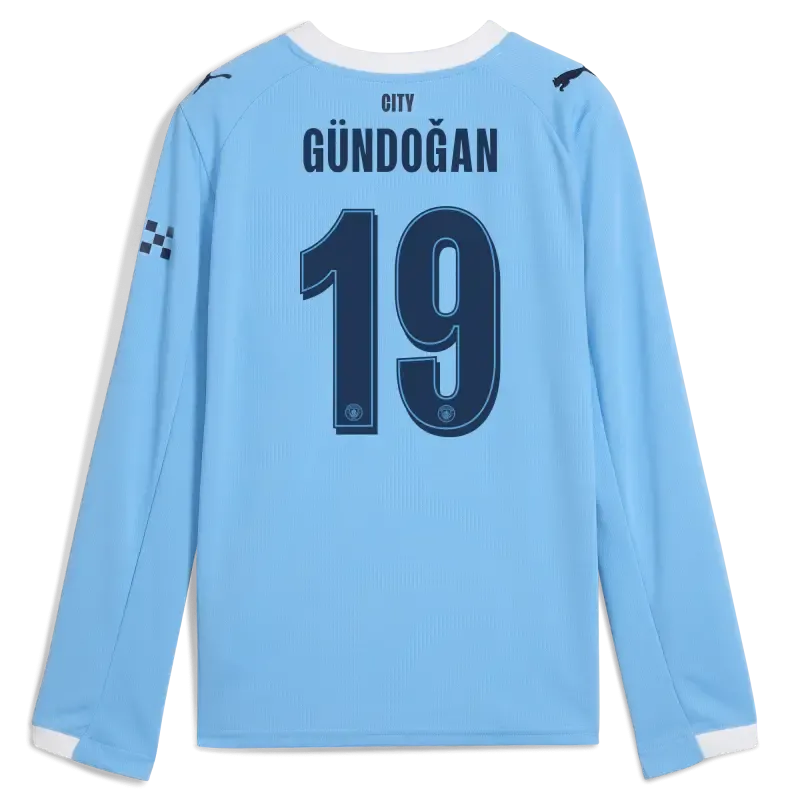 Kids' Manchester City Man City Home Jersey 2025/26 Long Sleeve With GÜNDOĞAN 19 Printing
