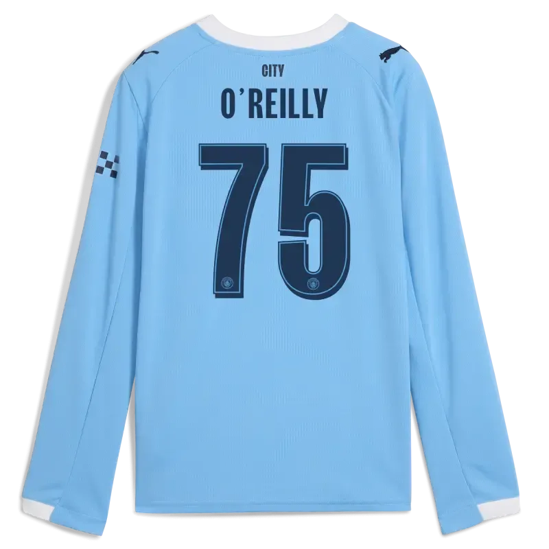 Kids' Manchester City Man City Home Jersey 2025/26 Long Sleeve With O'REILLY 75 Printing