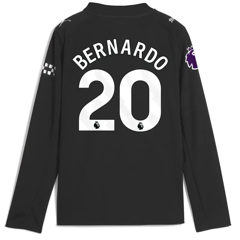 Kids' Manchester City Premier League Away Jersey 2025/26 Long Sleeve With BERNARDO 20 Printing