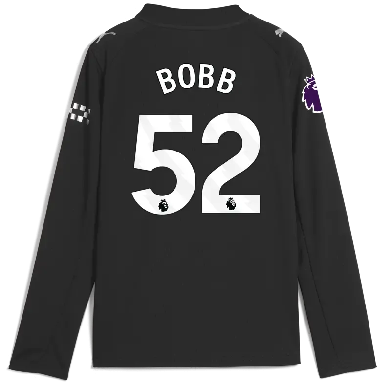 Kids' Manchester City Premier League Away Jersey 2025/26 Long Sleeve With BOBB 52 Printing