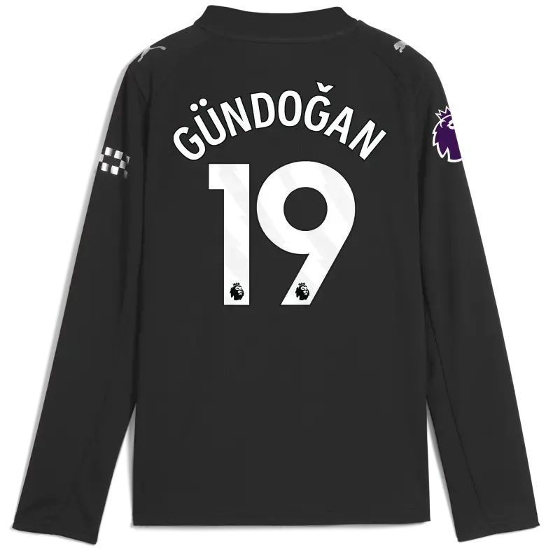Kids' Manchester City Premier League Away Jersey 2025/26 Long Sleeve With GÜNDOĞAN 19 Printing