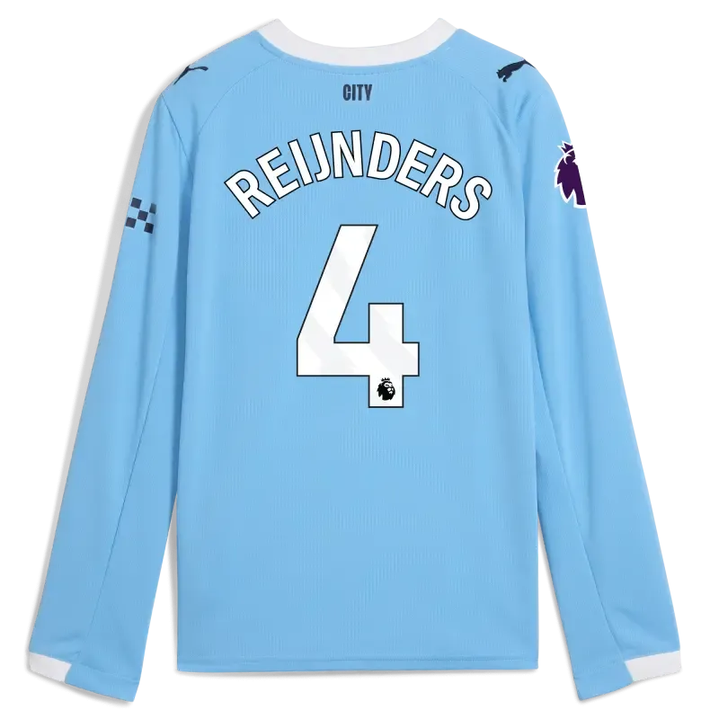 Kids' Manchester City Premier League Home Jersey 2025/26 Long Sleeve With REIJNDERS 4 Printing